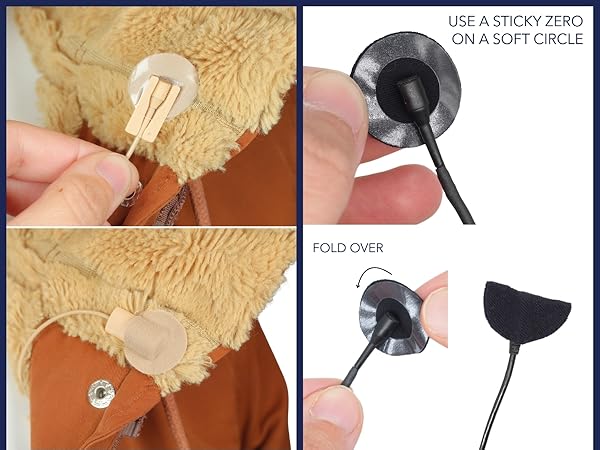 Instructional panels demonstrating staple gun usage on leather or fabric material, showing proper technique and application steps.