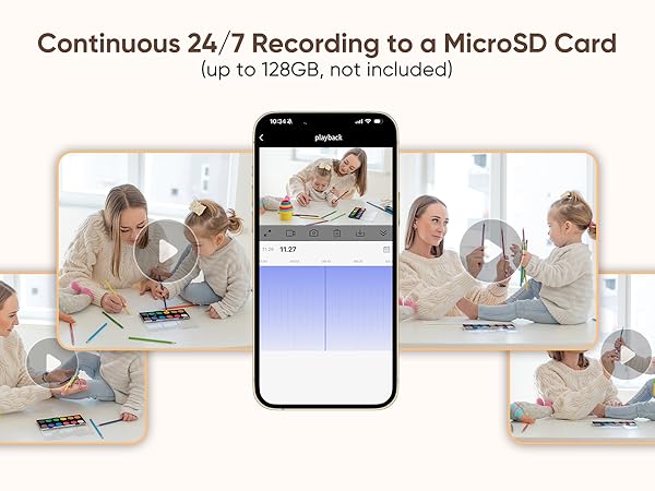 Continuous 24/7 recording, No Subscription required, Baby Monitor, Pet Camera