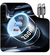 LISEN 200W Car Charger USB C Fast Charge [GaN] PD 140W Fast Car Charger USB C, Cigarette Lighter ...