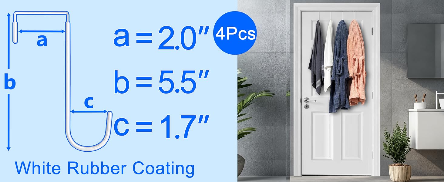 Two bath towels and two bathrobes hang from four hooks on bathroom door with hook size