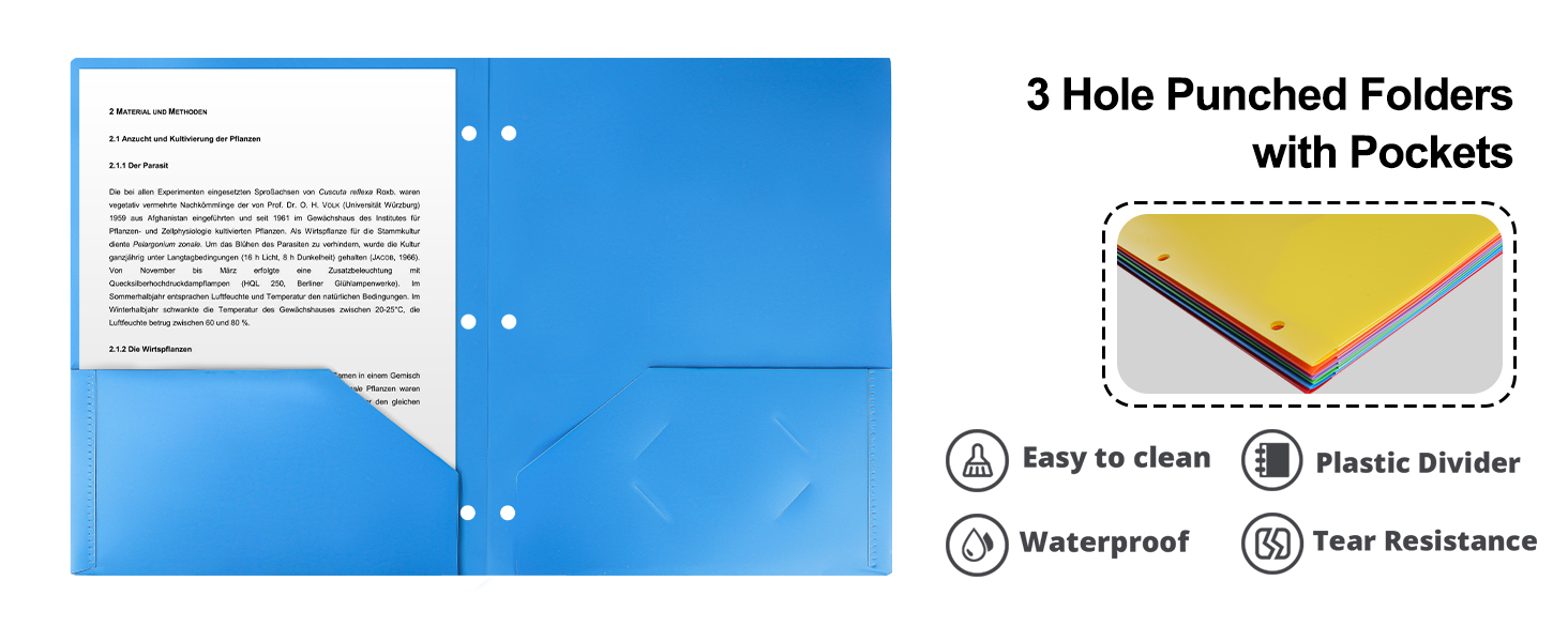 6 Pack Folders with Pockets, Plastic 3 Hole Punched Binder Folders with Business Card Holder