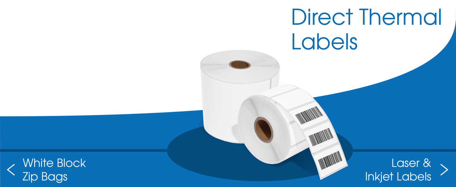 Two direct thermal label rolls, one with printed barcode stickers, on a blue and white background.