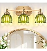 Spiglamm Bathroom Light Fixtures, 3-Light Brushed Gold Vanity Lights for Bathroom with Tulip Gree...