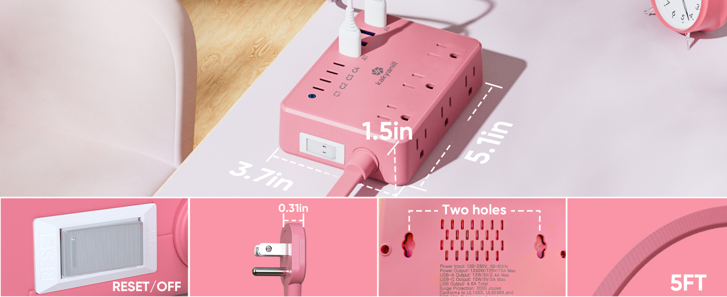 The size of this product is 5.1x3.7x1.5in, featuring a flat 45-degree plug with 5ft wire.