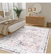 LIVEBOX Washable Rugs 8x10 for Living Room, Boho Large Bedroom Rug 8x10, Soft Pink Floral Rug Non...