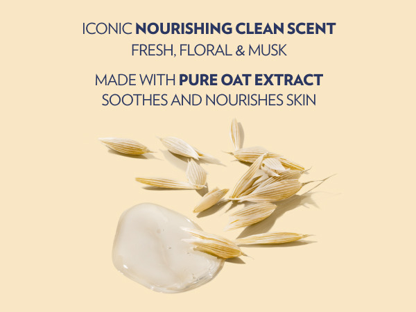 Pure oat extract and oat seeds next to text about our iconic nourishing clean scent.