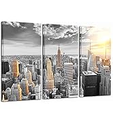 LevvArts Large 3 Piece New York City Canvas Wall Art Modern Black and White NYC at Gold Sunset Pi...