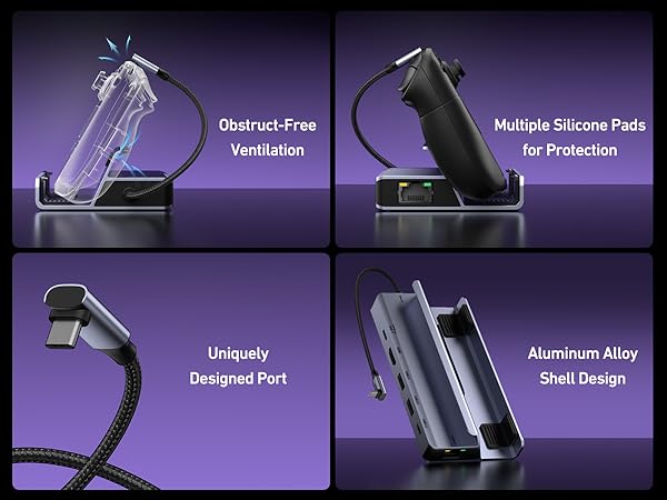 Text reads 'Obstruct-Free Ventilation', 'Multiple Silicone Pads for Protection', 'Uniquely Designed Post', 'Aluminum Alloy Shell Design'. Four panels showing different angles of a black phone charging stand.