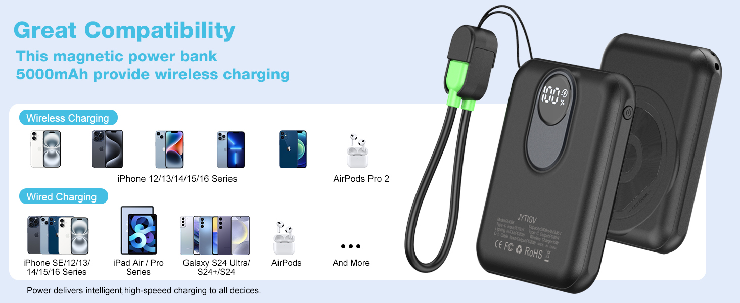 Great Compatibility :This magnetic power bank 5000mAh provide wireless charging