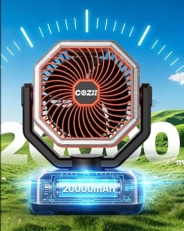 Text reads '20000mAh' '12-24 Hours' '@70Hz Max' '@180Hz Min.' Blue portable fan device shown against outdoor landscape with specifications and battery capacity details.