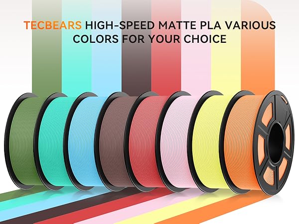 Multiple spools of high-speed matte PLA 3D printer filament in various colors. Spools are arranged in a row, showing a range of vibrant hues.