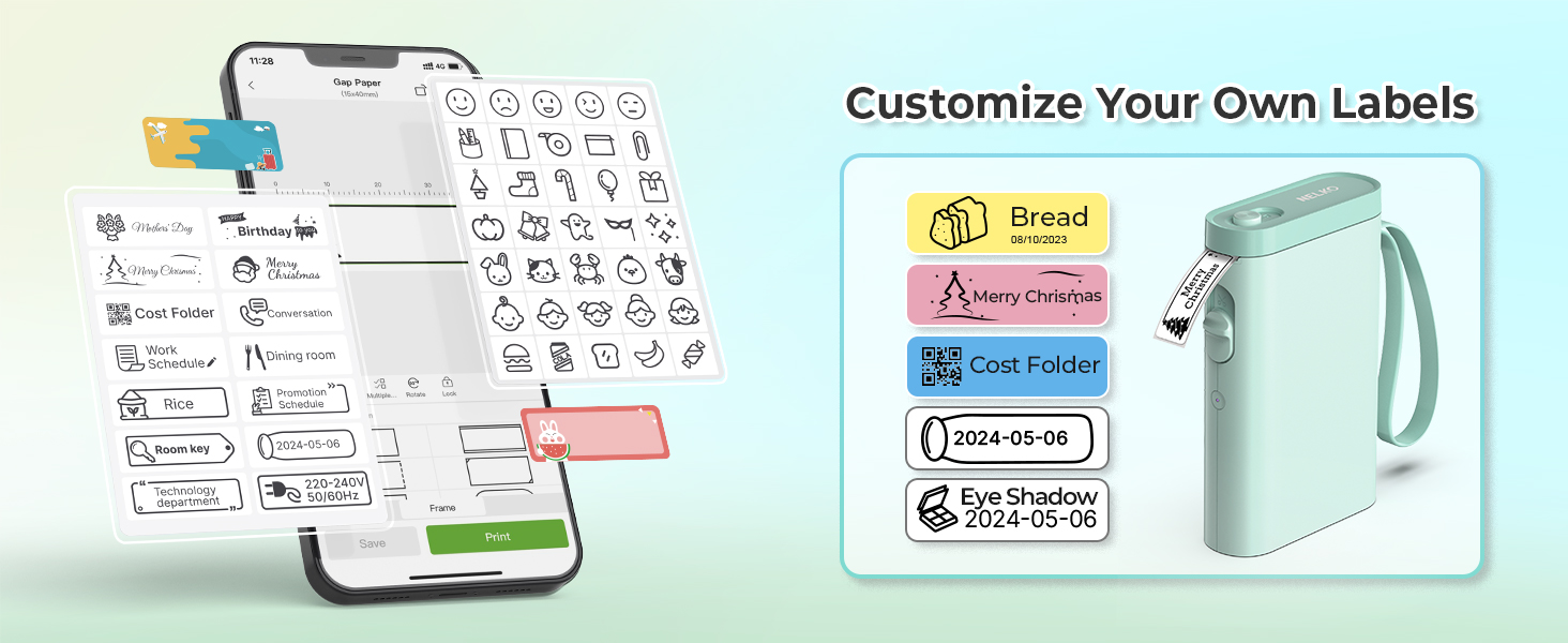 Split image showing a smartphone with a label customization app and examples of colorful, customized labels next to a mint green insulated tumbler.