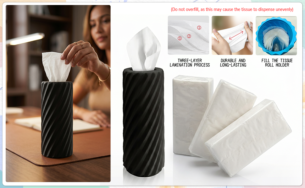 Car Tissue Holder, Refillable Round Cylinder with 3 Tissue Packs