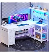 SEDETA Corner Computer Desk, Reversible L Shaped Computer Desk with Fabric Drawers and Power Outl...