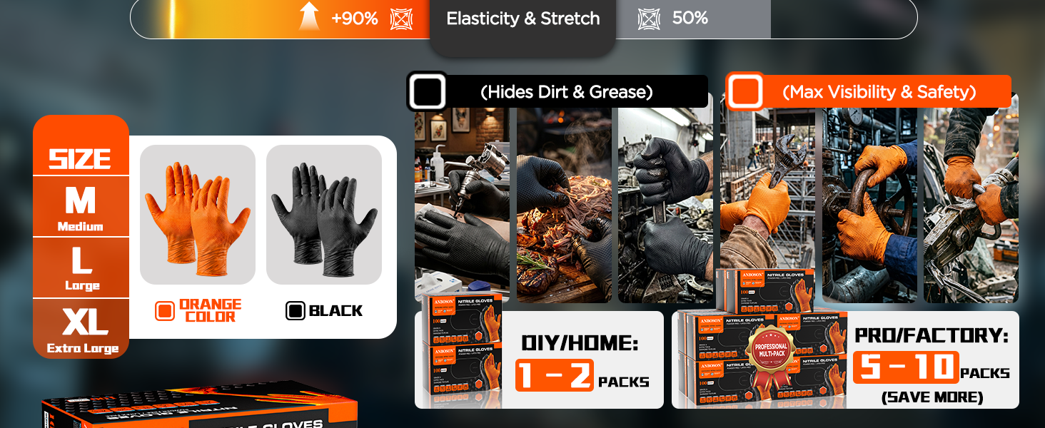 10mil nitrile gloves large or medium or XLarge ,orange or black-100/200/500/1000pcs