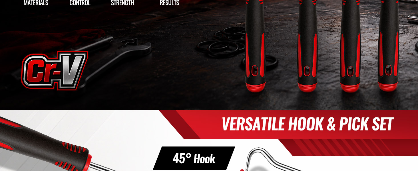 Four-piece pick tool set with red-and-black handles, a CR-V mark, and a 45-degree hook.