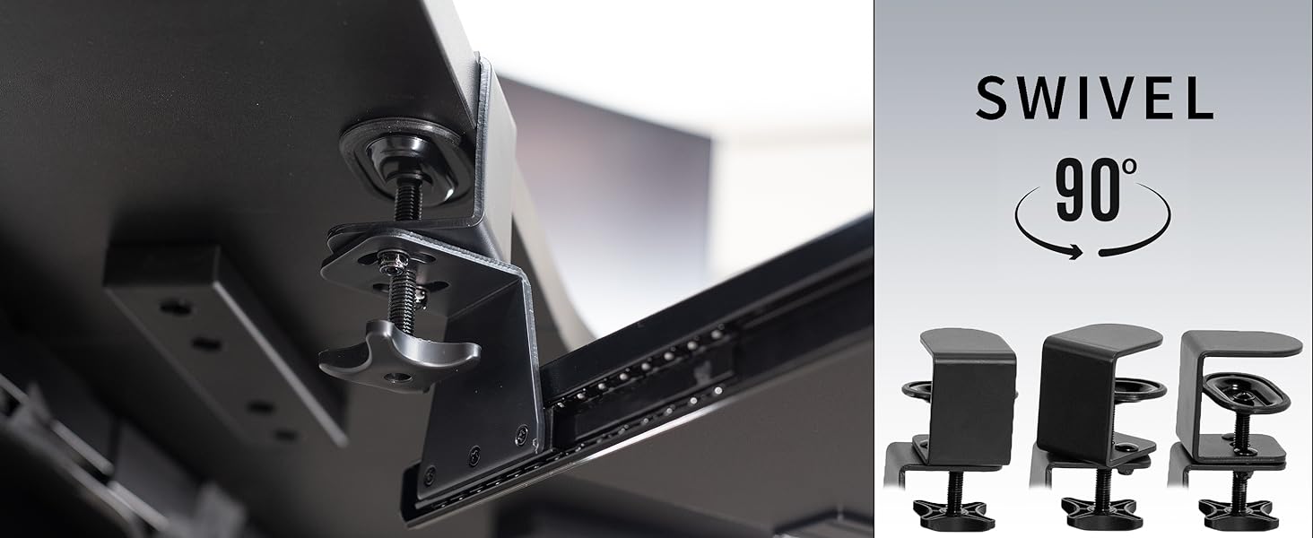Swiveling clamps secured to desktop