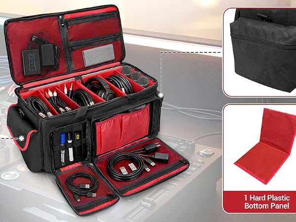 Large Dj Cable Bag with Detachable Dividers, Bottom Pad