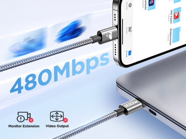 USB-C cable connecting smartphone to laptop. Features 480Mbps data transfer speed, monitor extension, and video output capabilities. Cable has braided silver design.