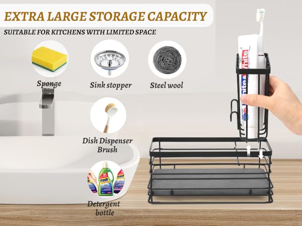 sink caddy keeps sponges, brushes, dish soap, and other kitchen essentials neatly organized