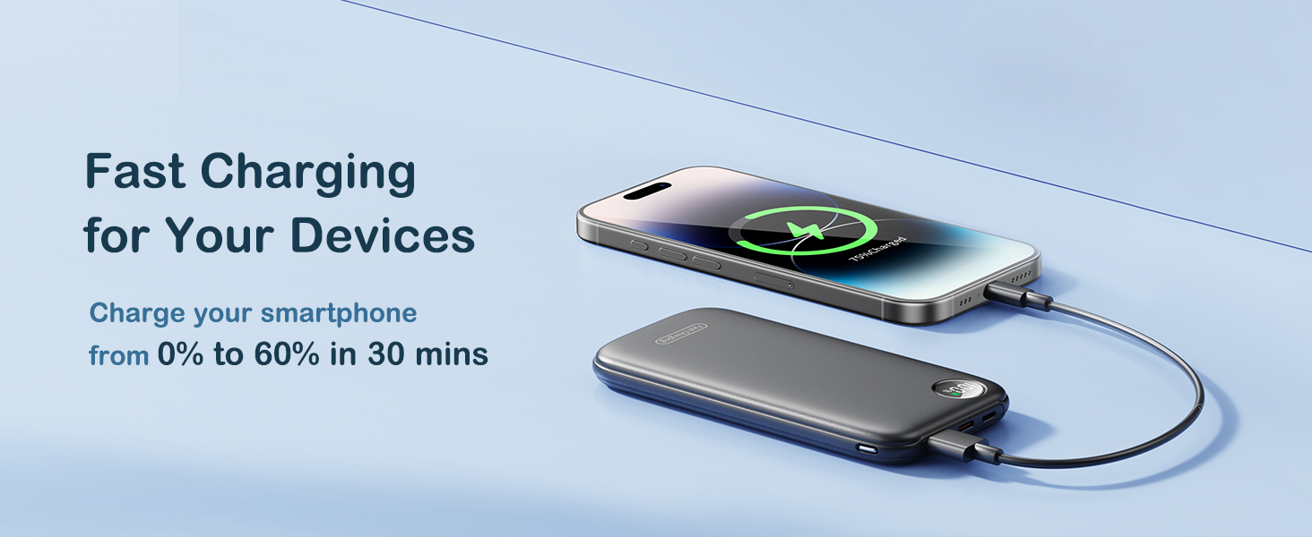 Wireless charging pad with connected smartphone. Text indicates fast charging capability, 0% to 80% in 30 minutes.