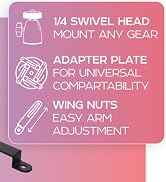 Mount features 1/4 swivel head for mounting any gear, adapter plate for comparability and wing nuts