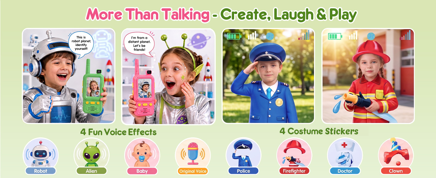 Video Walkie Talkies with 4 fun voice effects and 4 costume stickers