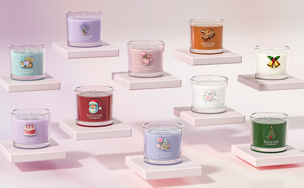 Collection of scented candles in glass jars displayed on white pedestals against a pink background, featuring various decorative labels.