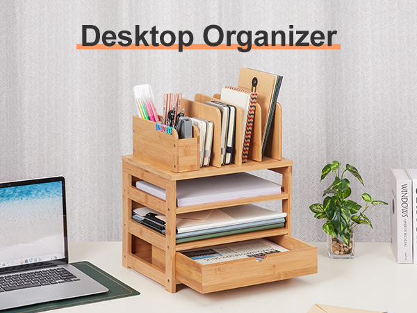 Bamboo Desk Organizer with Drawer and File Holder