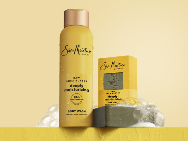 A collection shot of the Raw Shea Butter Body Wash and Bar Soap on a yellow background.
