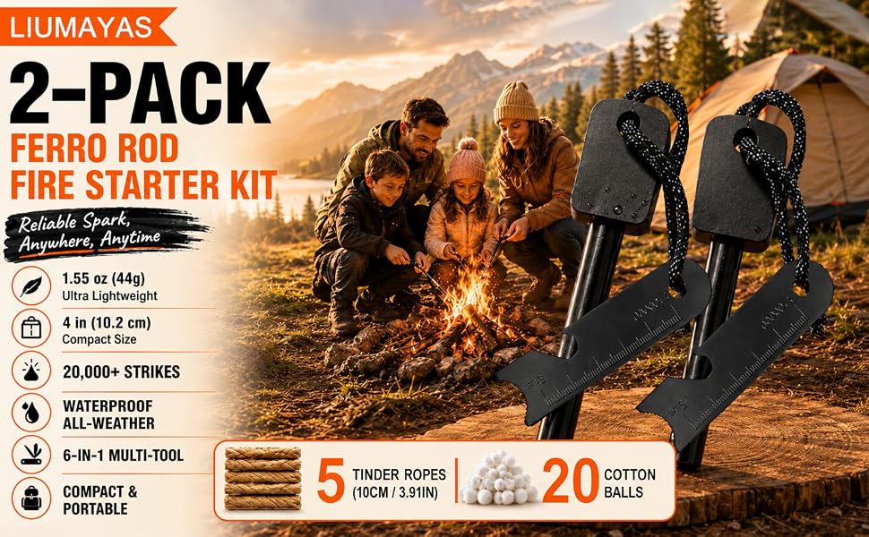 Ferro Rod Fire Starter Kit 2-Pack, Waterproof Survival Fire Starter for Camping &amp;amp;amp; Emergency