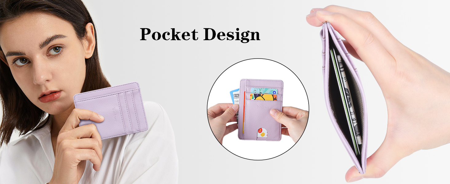 Demonstration of a lavender wallet with pocket design. Shows insertion of cards and expansion of compartments.