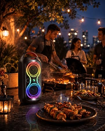 Outdoor barbacue with the abigday portable speaker playing loud music
