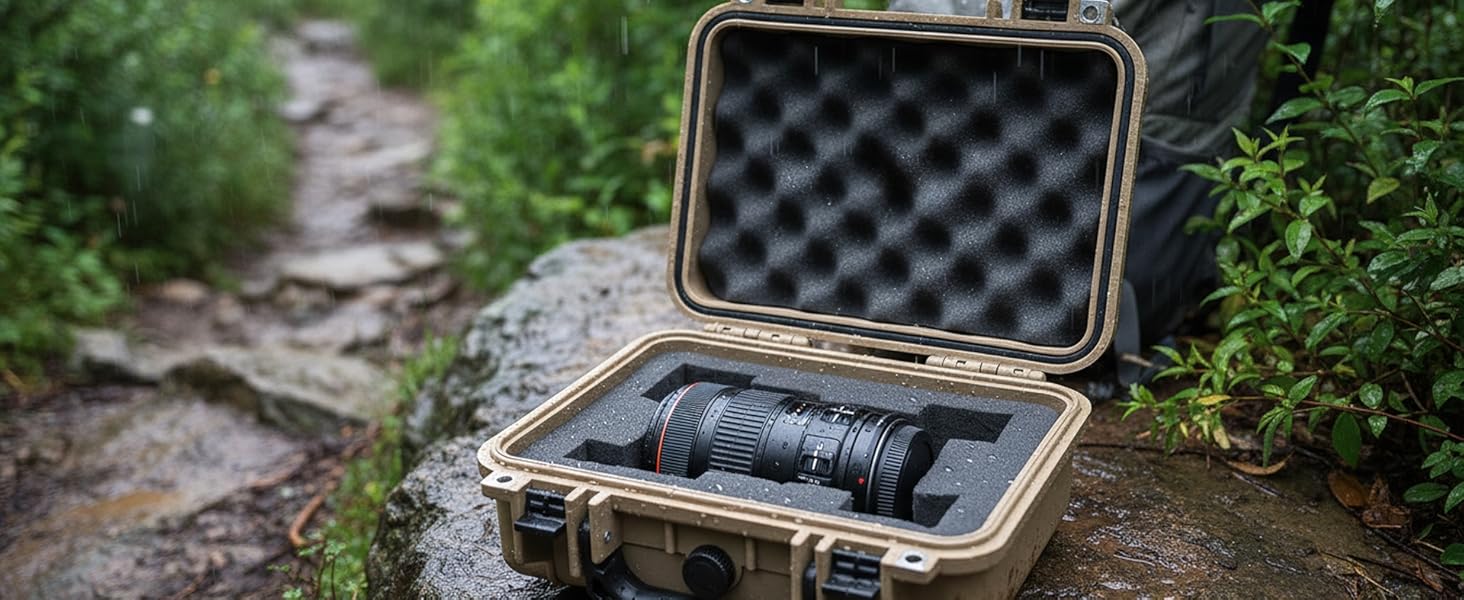 Protective hard case with foam padding interior placed on rocky trail surrounded by green foliage, containing camera equipment.