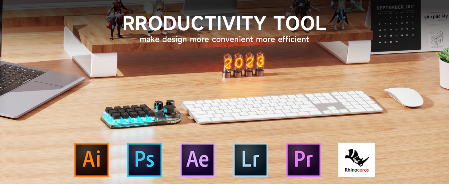 Desk setup with keyboard, mouse, and laptop. Features a wooden organizing tool with colorful elements. Adobe software icons visible, indicating design productivity focus.
