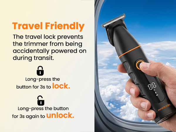 Text reads "Travel Friendly," "The travel lock prevents the trimmer from being accidentally powered on during transit," "Long-press the button for 3s to LOCK," and "Long-press the button for 3s again to UNLOCK." Shows black handheld trimmer device with person holding it outdoors.