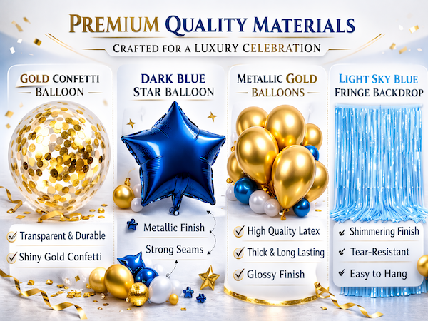 Premium blue and gold balloons with metallic star and fringe texture close up