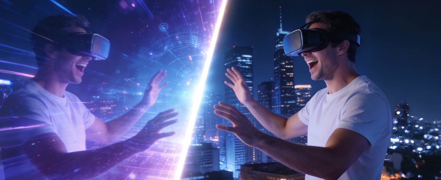 Series of nighttime scenes showing two people engaging with glowing blue light effects, suggesting an interactive lighting or entertainment product against city backdrop.