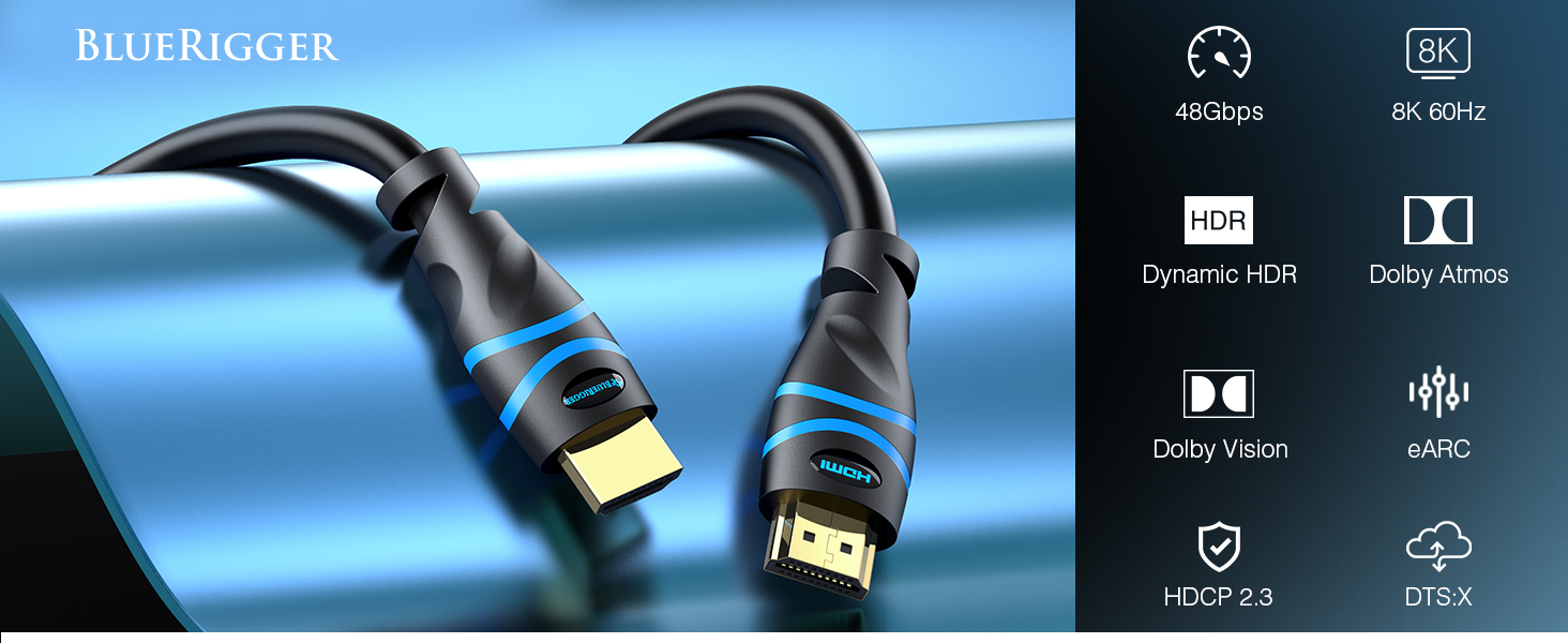 BLUERIGGER BLUERIGGER 8K HDMI Cable 48Gbps eARC dolby vision atmos cl3 rated hdcp 2.3 dynamic HDR