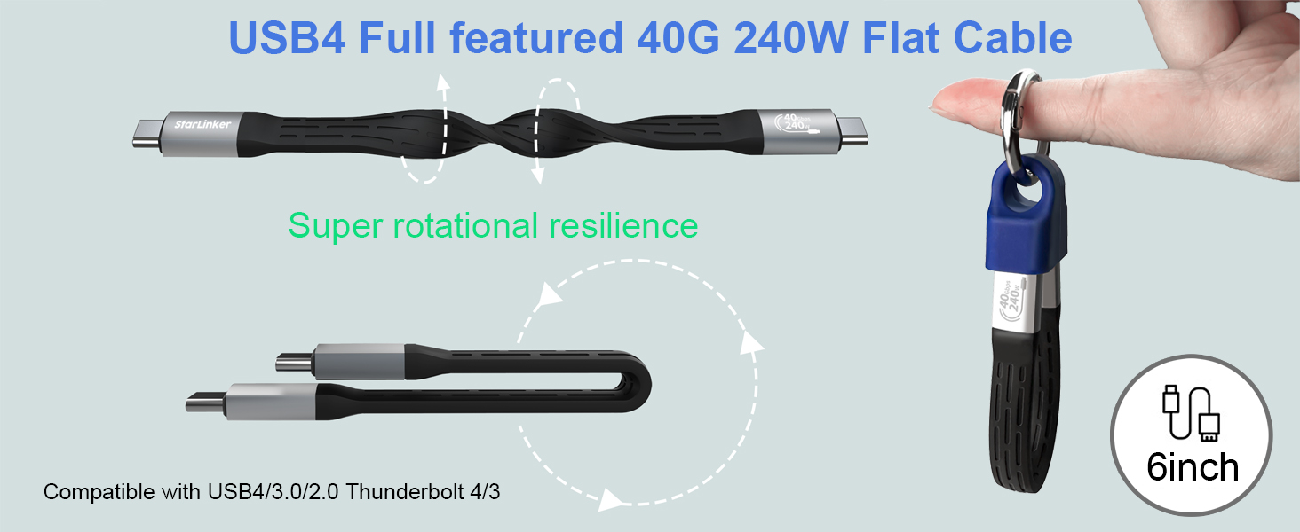 USB4 Full featured 40G 240W Flat Cable 6inch