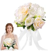 Qeedy Wedding Bouquets for Bride - Realistic Silk Flowers Artificial Roses, 8 Inch Bridesmaid Bou...