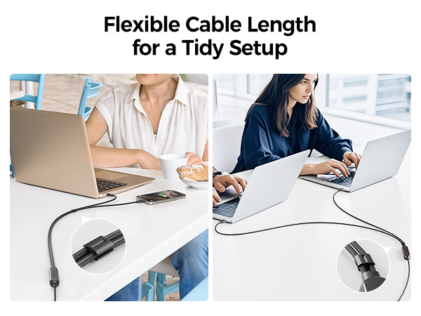 Braided USB C splitter cable with adjustable TPE slider for customizable cable length.