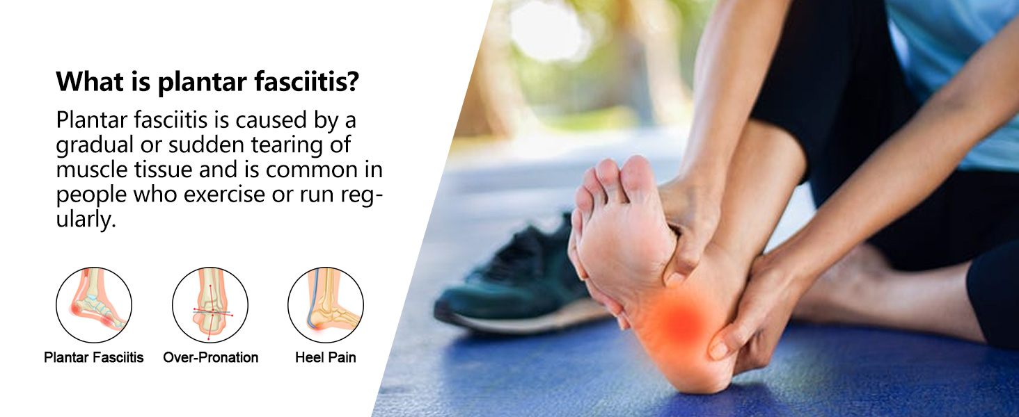 Educational image showing plantar fasciitis causes and symptoms, with diagrams of foot anatomy and a photo demonstrating foot pain treatment through massage.
