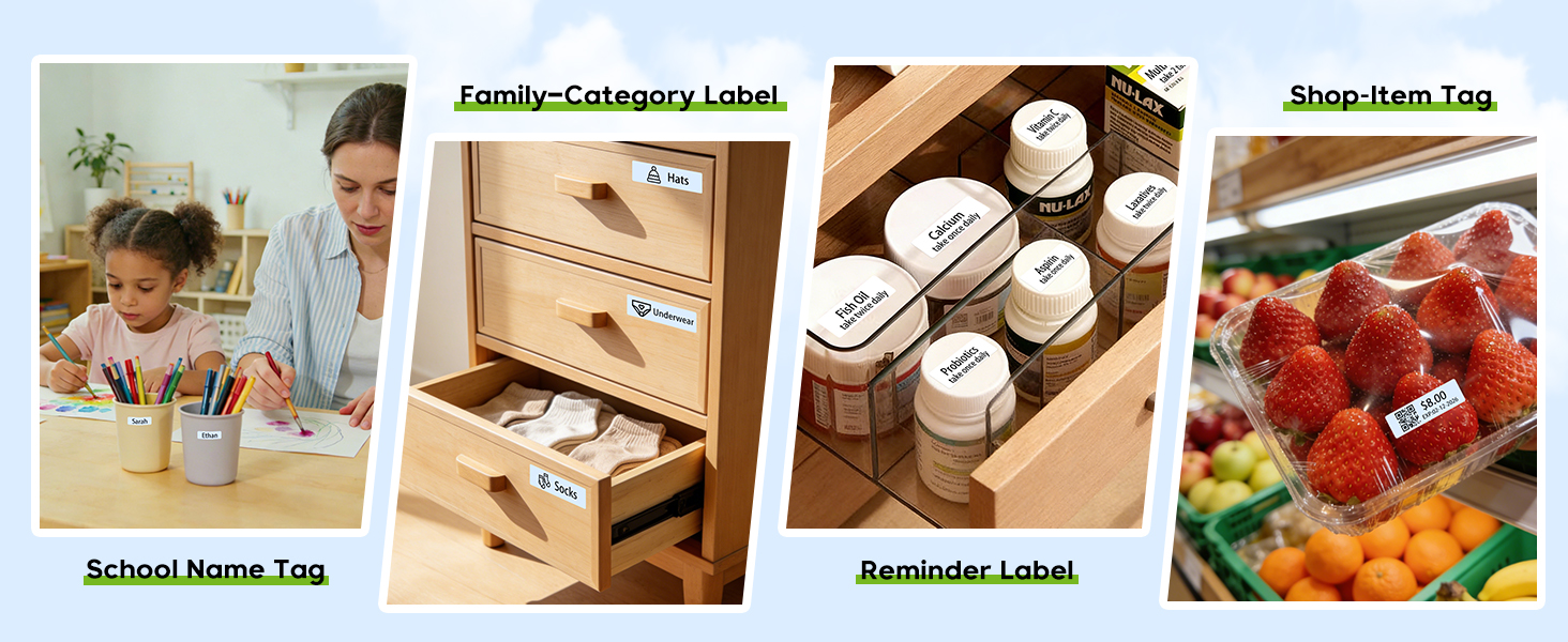 Text reads 'School Name Tag', 'Family/Category Labels', 'Shop Now Tag'. Four-panel image showing organization labels and storage solutions.
