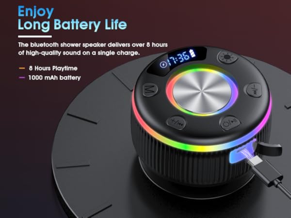Text reads 'Enjoy Battery Life'. Close-up shots of circular device interface with LED lighting and control buttons, featuring illuminated display ring.