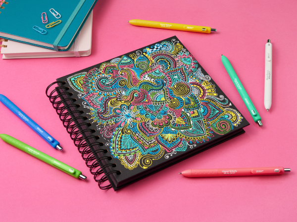 inkjoy gel bright colorful paper adult coloring light dark pop design pink background desk pen write
