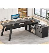SEDETA 71" Executive Desk with File Cabinet, Large Office Desk with Drawers and Shelves, L Shaped...