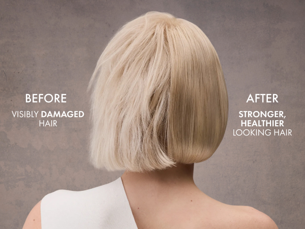 Backshot of woman's straight hair split in half showing how it goes from damaged to stronger.
