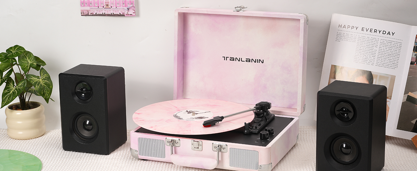 Suitcase Vinyl Record Player Turntable, Green Watercolor