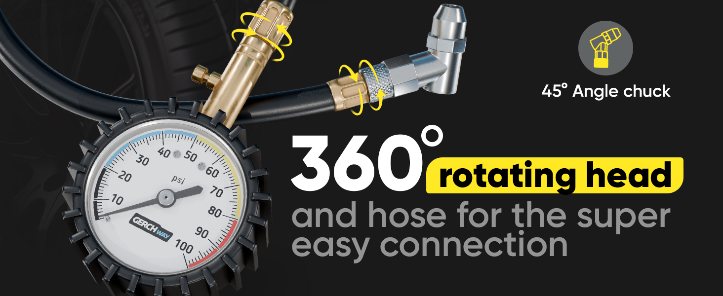 rotating air chuck for tire pressure gauge for easy connection 